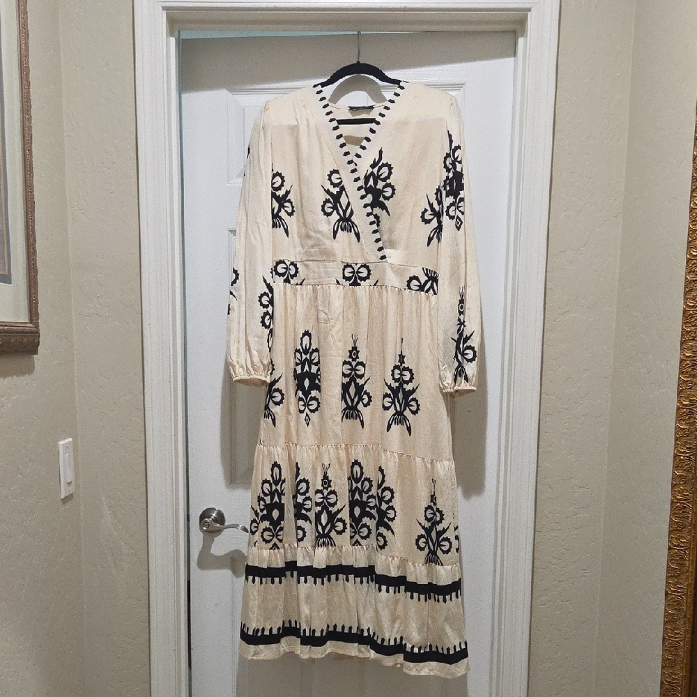 Cream and Black Embroidered Long Sleeve Midi Dress